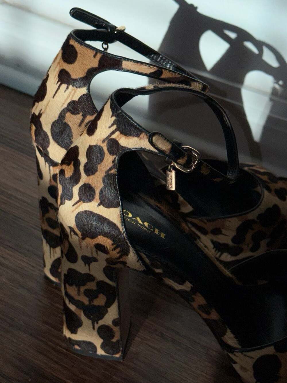Coach Margarita Leopard Print Calf Hair Platform Block Heel Sandals